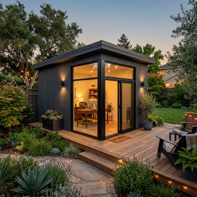 Backyard home office studio built with steel frame