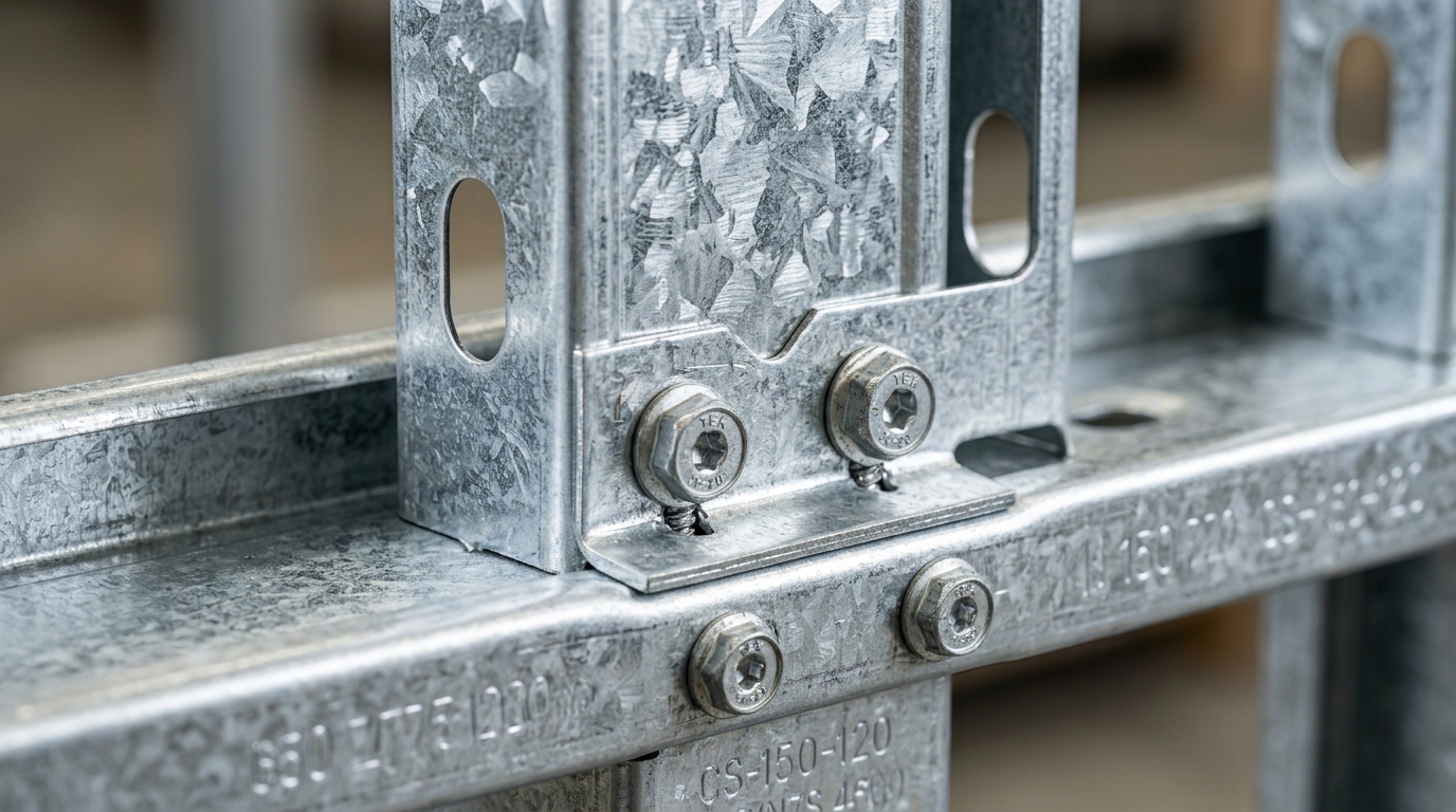 Macro detail of an engineered Light Gauge Steel Framing connection joint with galvanized C-stud, track, and hex fasteners