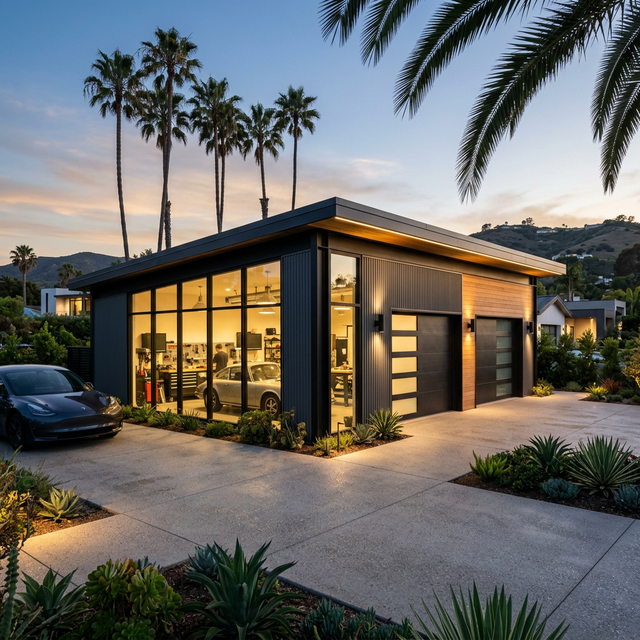 Steel frame garage and workshop under construction
