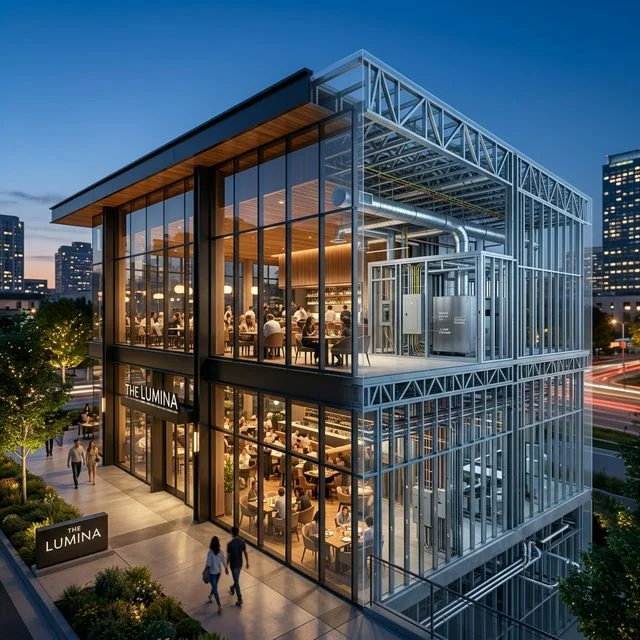 Commercial LGSF construction X-ray view revealing engineered steel frame