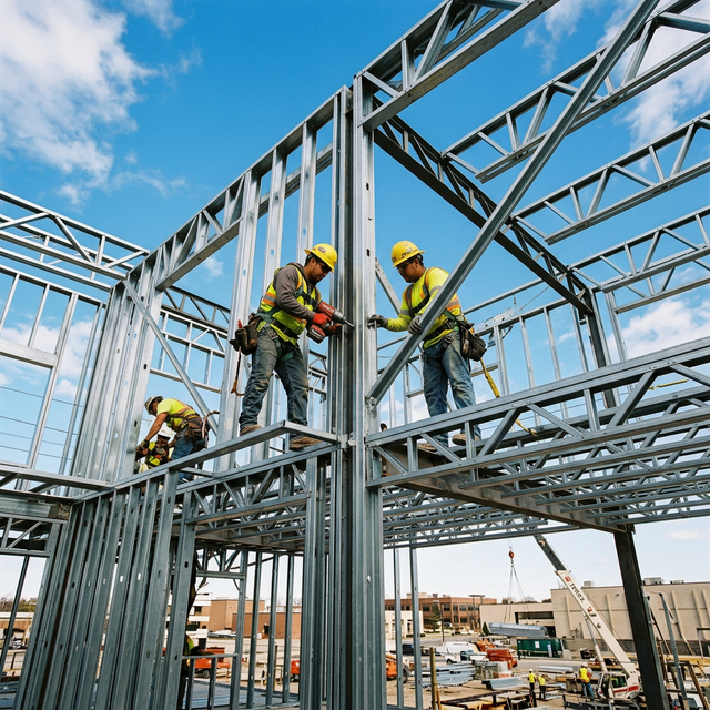 Cold-formed light gauge steel frame assembly process at a California construction site